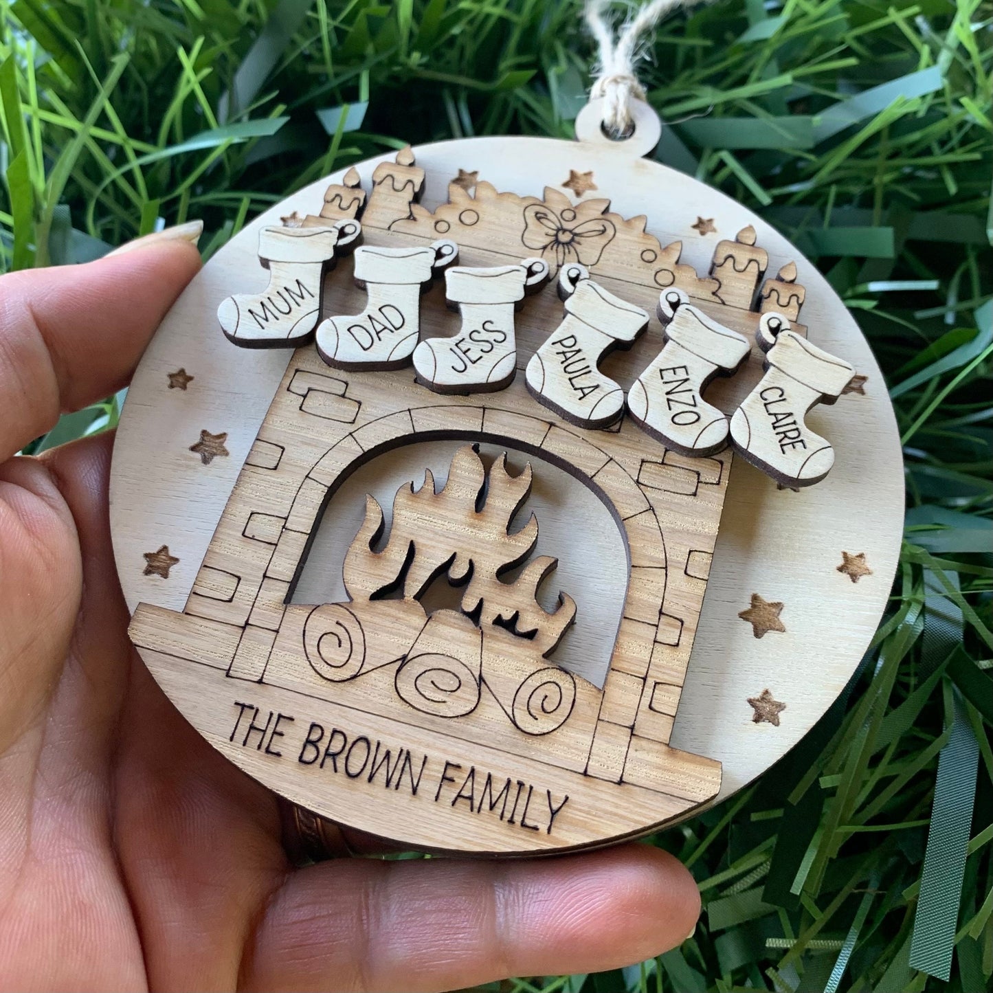Personalised Family Stocking Ornament: Engraved Birch & Oak Bauble, Family Tree, Grandparent Christmas