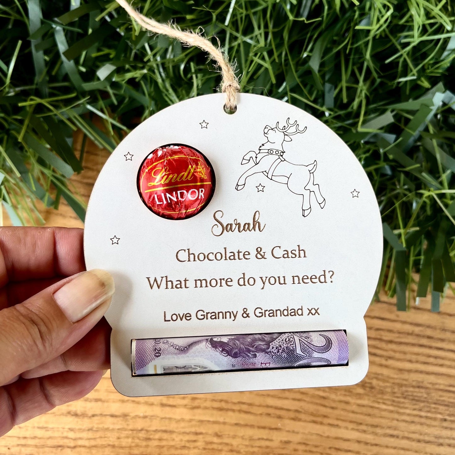 Personalised Reindeer Chocolate & Money Holder: Christmas Tree Decoration, Cash Envelope