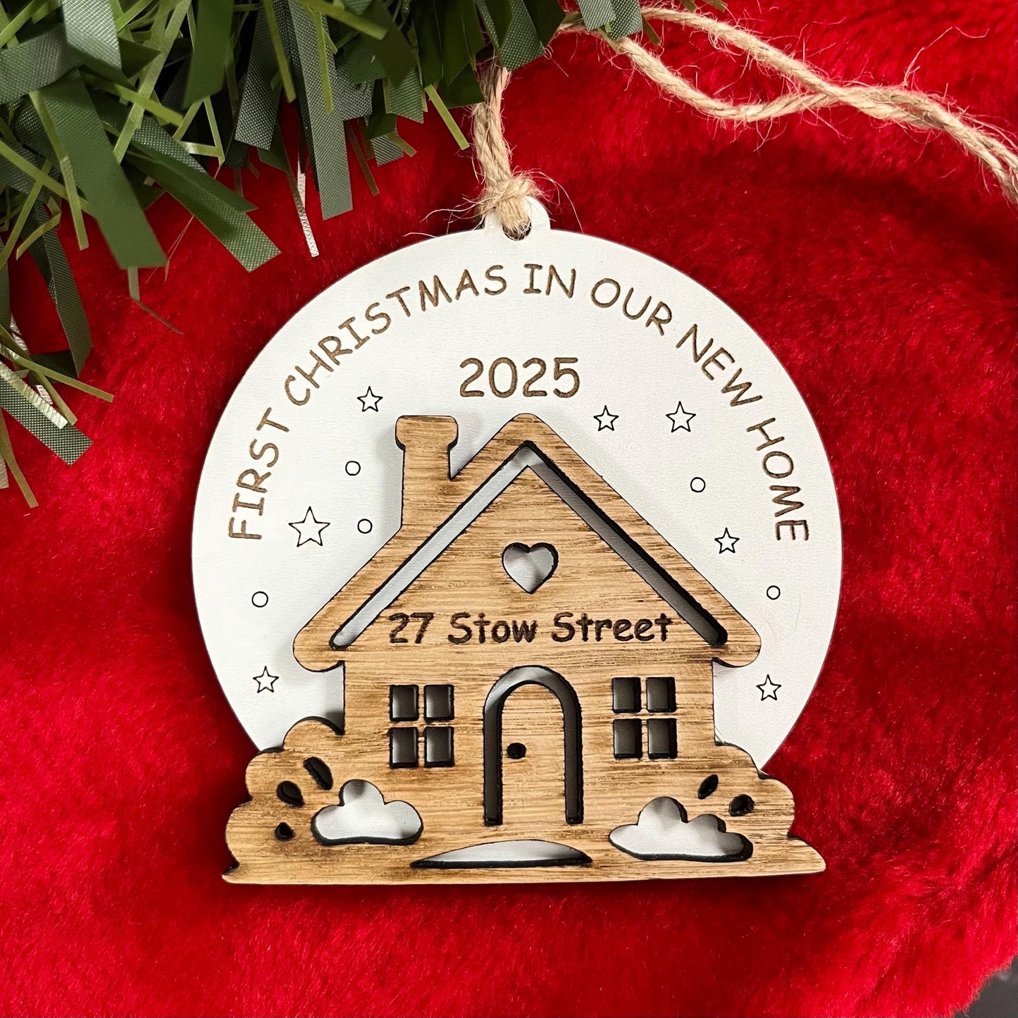 First Christmas In New Home, Christmas Ornament, Personalised Wooden Tree Decoration