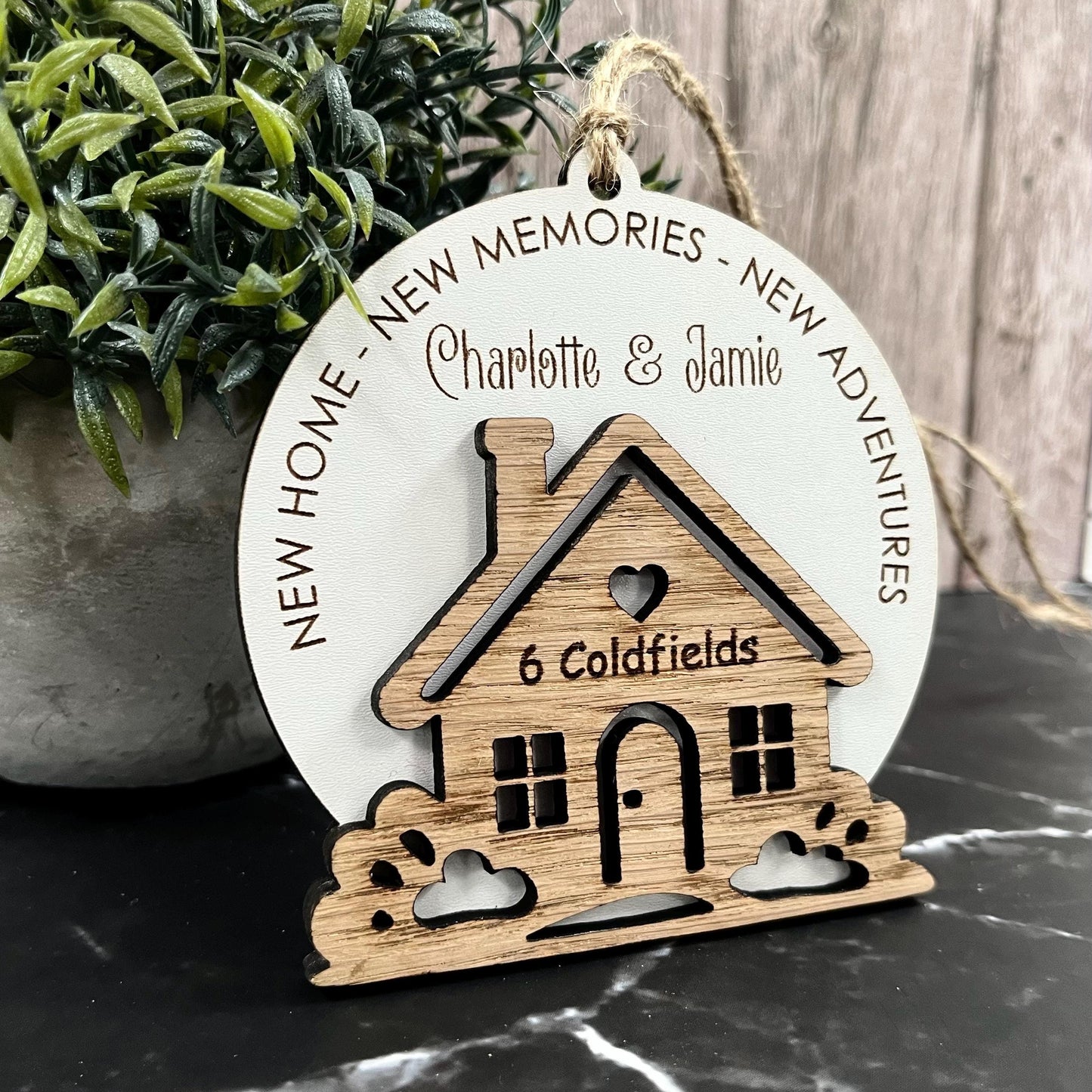 Personalised New Home Ornament: Laser Engraved Oak Wood, First Home Gift
