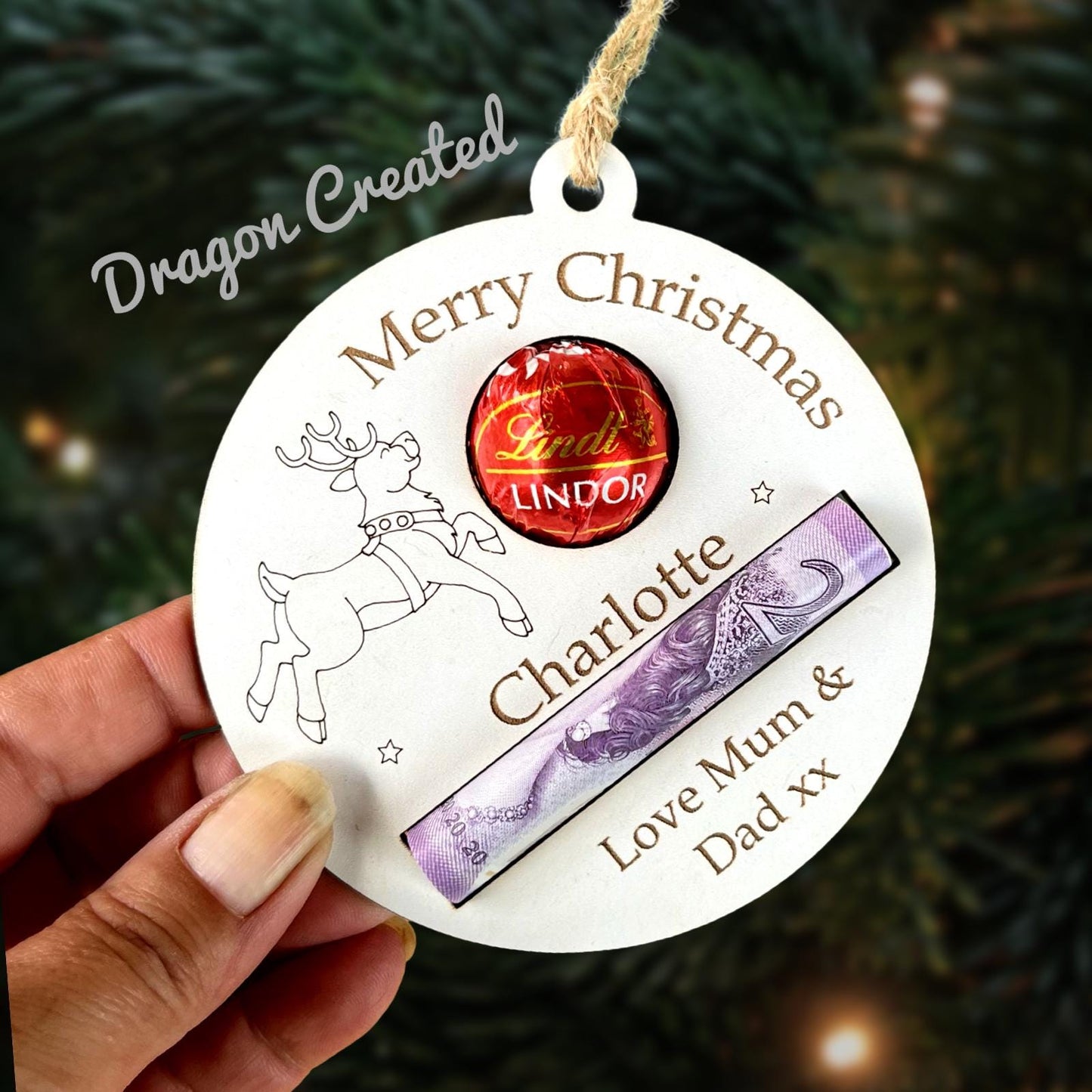 Personalised Reindeer Chocolate & Money Holder: Christmas Tree Decoration, Cash Envelope