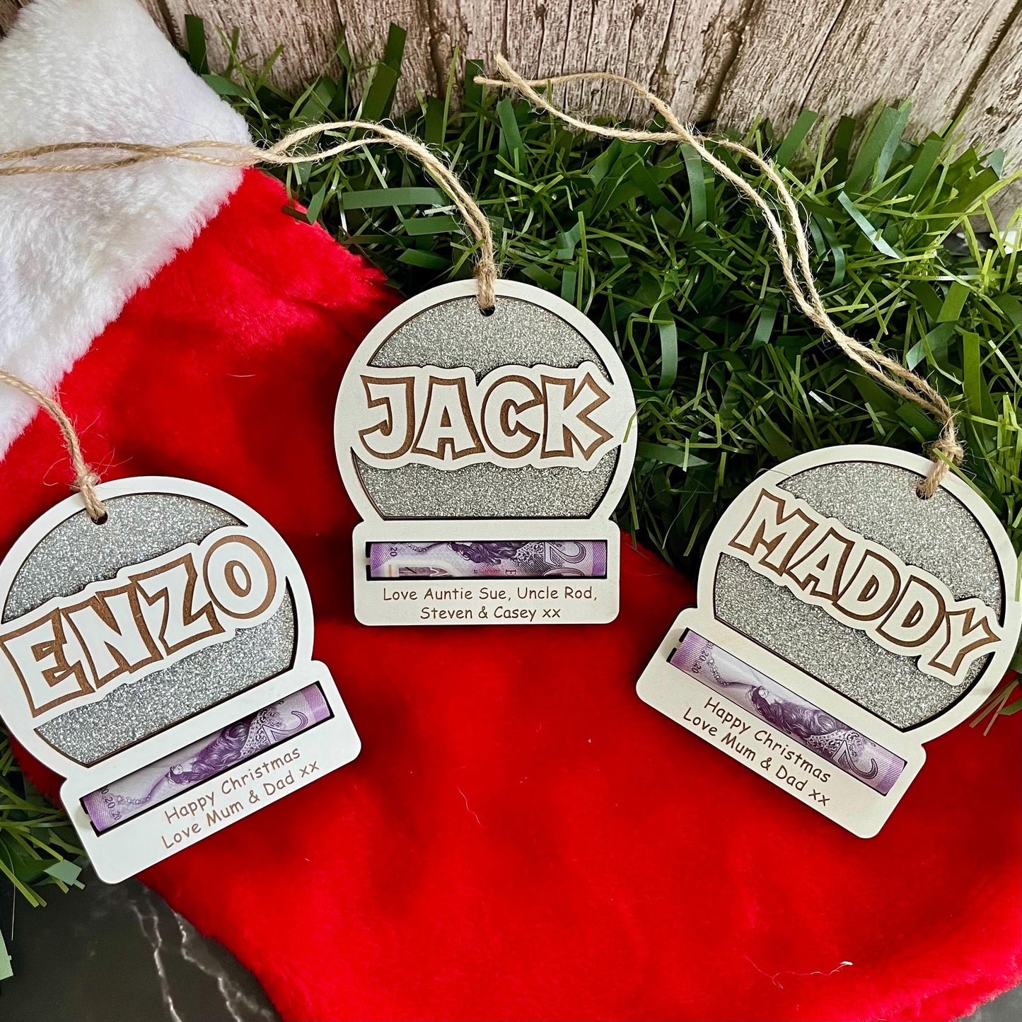 Personalised Christmas Money Holder: Sparkly Wooden Tree Decoration, Cash Envelope