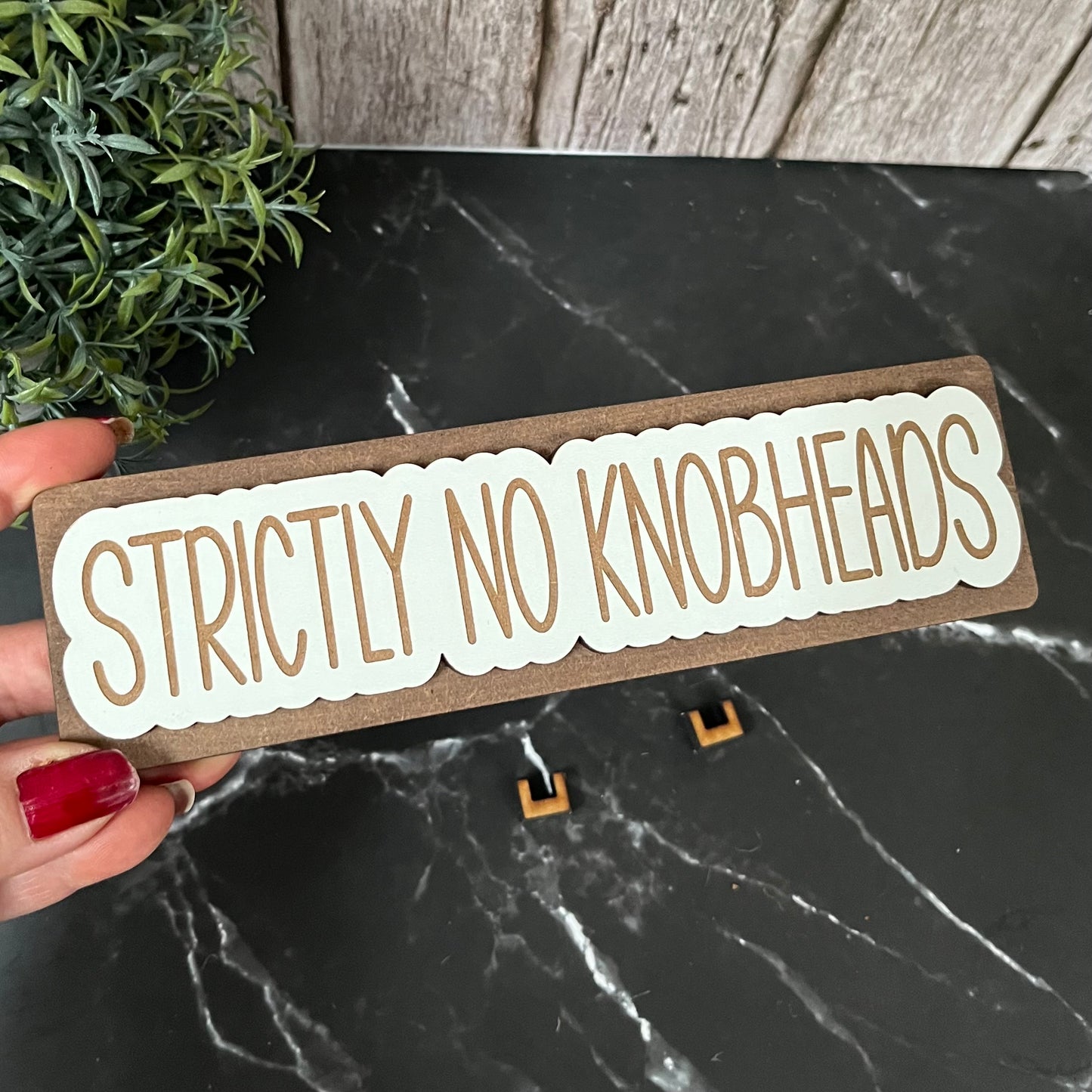 Funny Personalised Work Desk Sign, Name Plate Sign, Strictly No Knobheads, Office Wooden Plaque