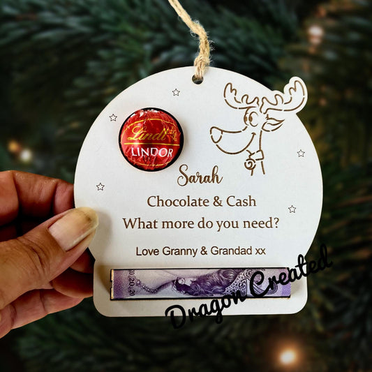 Personalised Reindeer Chocolate & Money Holder: Christmas Tree Decoration, Cash Envelope