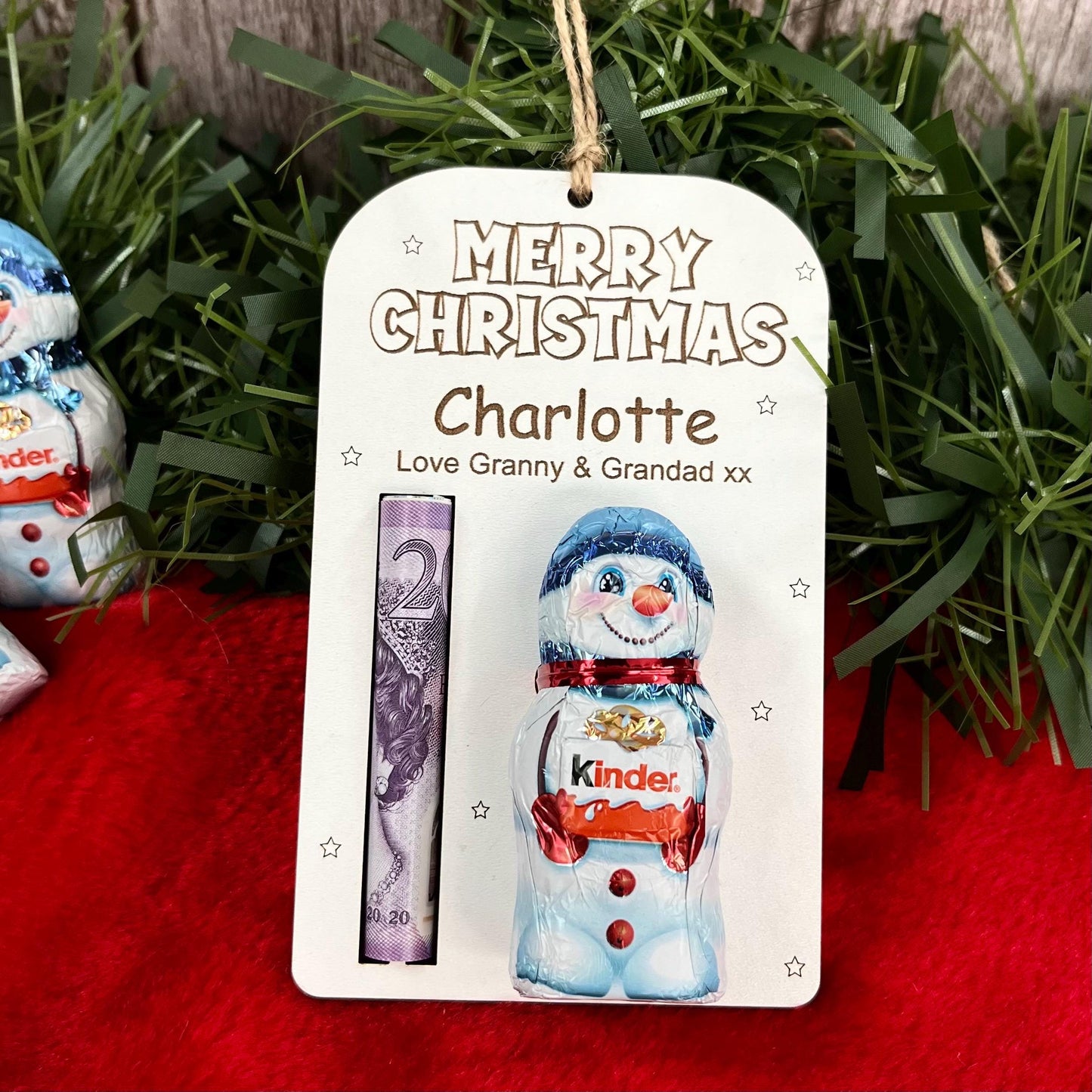 Personalised Christmas Money And Chocolate Holder: Kinder Chocolate Snowman Tree Ornament, Cash Envelope
