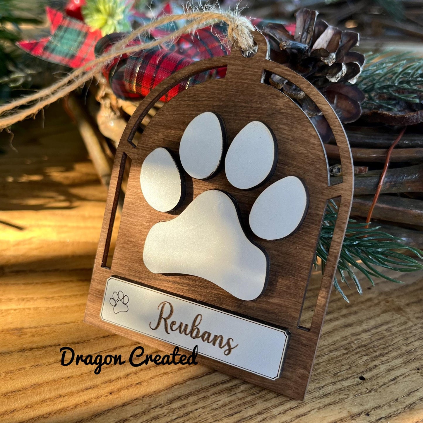 Pet Christmas Ornament: Personalised Engraved Wooden Dog Paws, Tree Decoration.