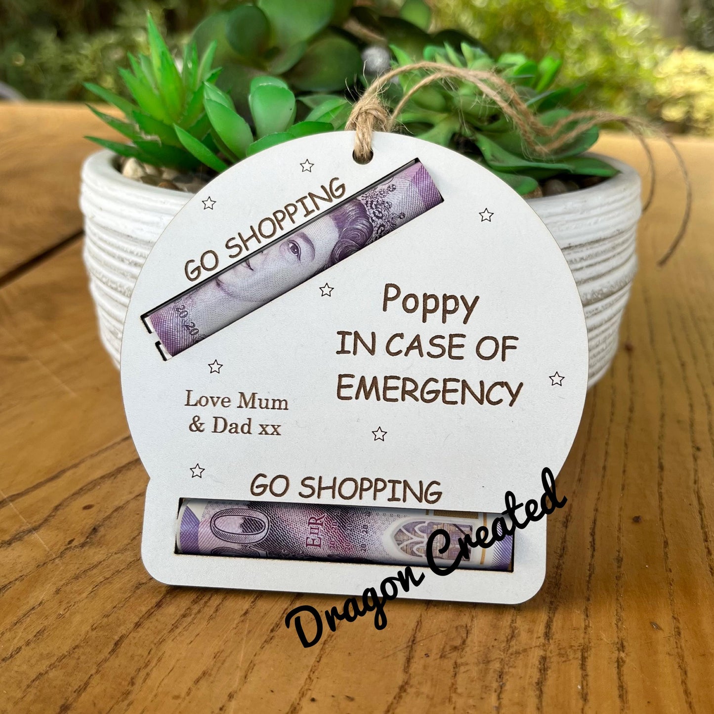 Personalised Birthday Money Holder: Engraved Wooden Gift Envelope, In Case Of Emergency