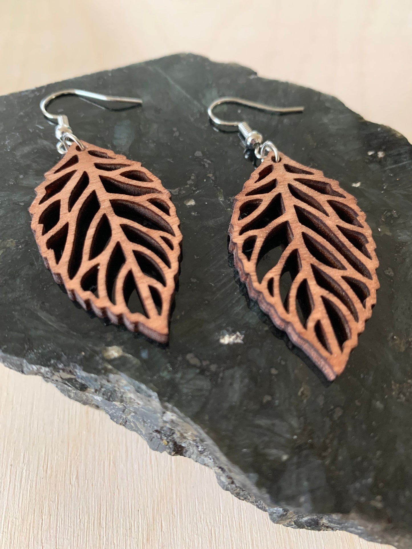 Leaf Design Wooden Earrings: Lightweight Birch Dangle Earrings