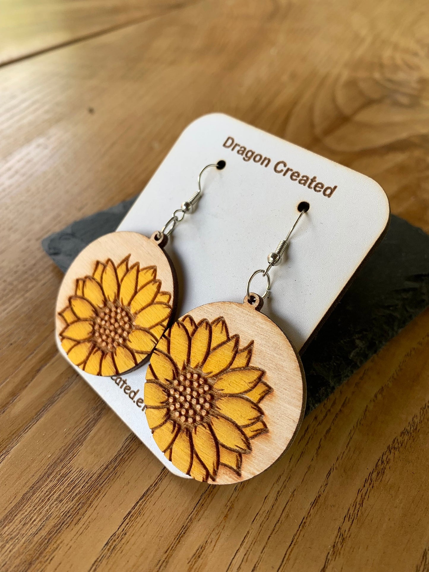 Sunflower Wooden Earrings: Engraved Birch Dangle Earrings