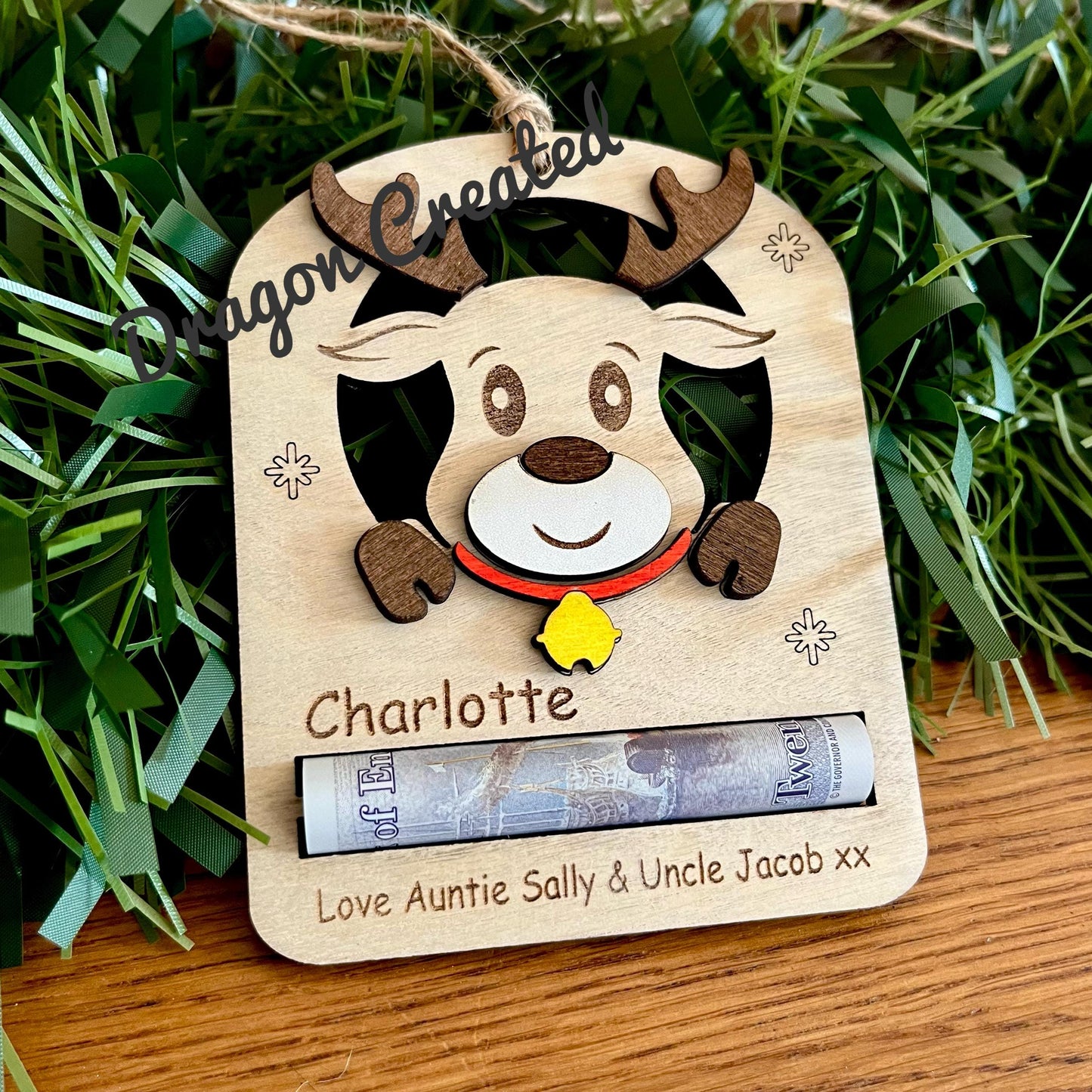 Personalised Christmas Money Holder: Reindeer Tree Decoration, Birch Wood, Cash Envelope