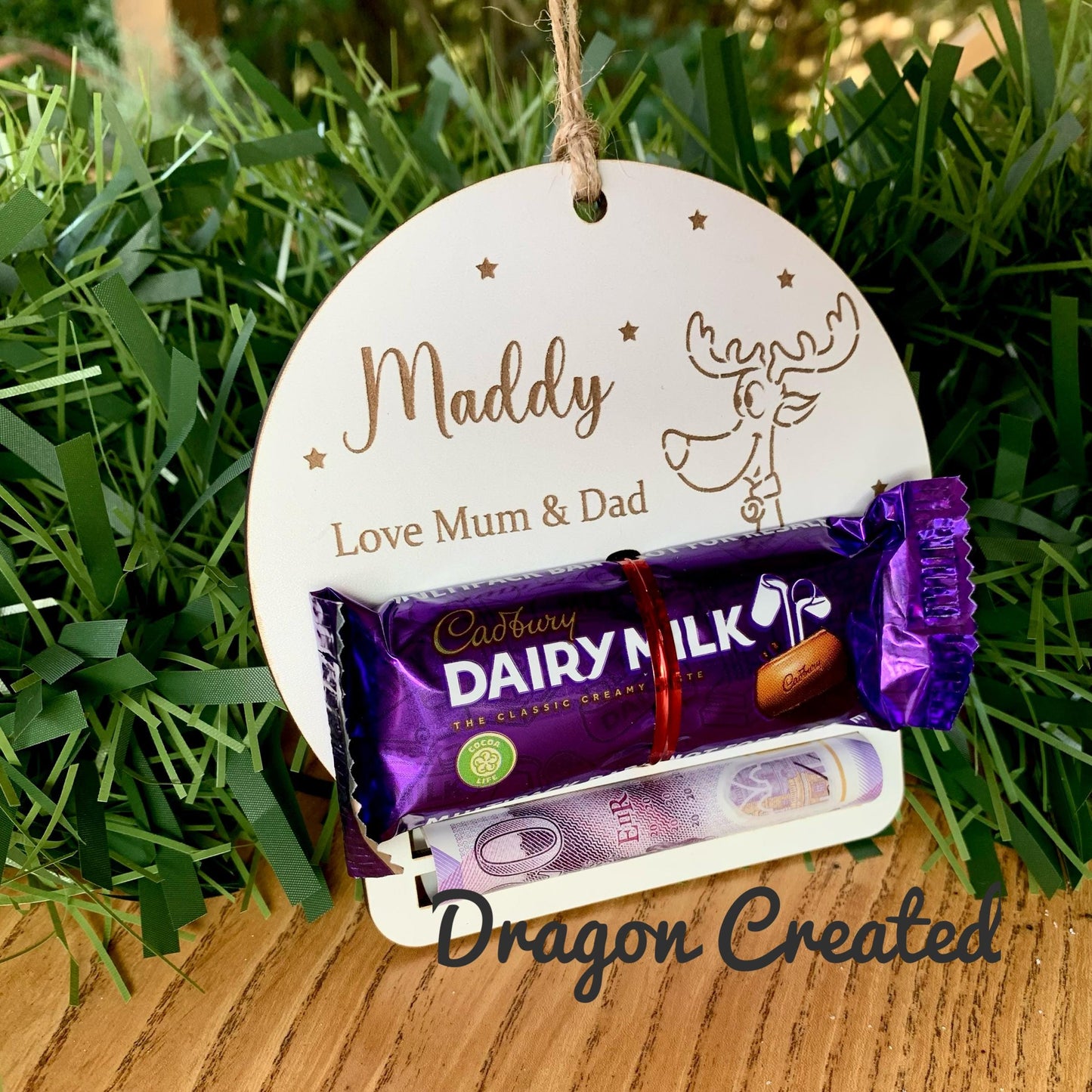 Christmas Money Holder, Chocolate & Cash, Personalised Wooden Money Envelope, Tree Ornament