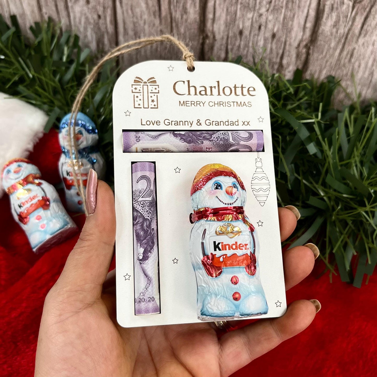 Personalised Christmas Money And Chocolate Kinder Snowman Holder