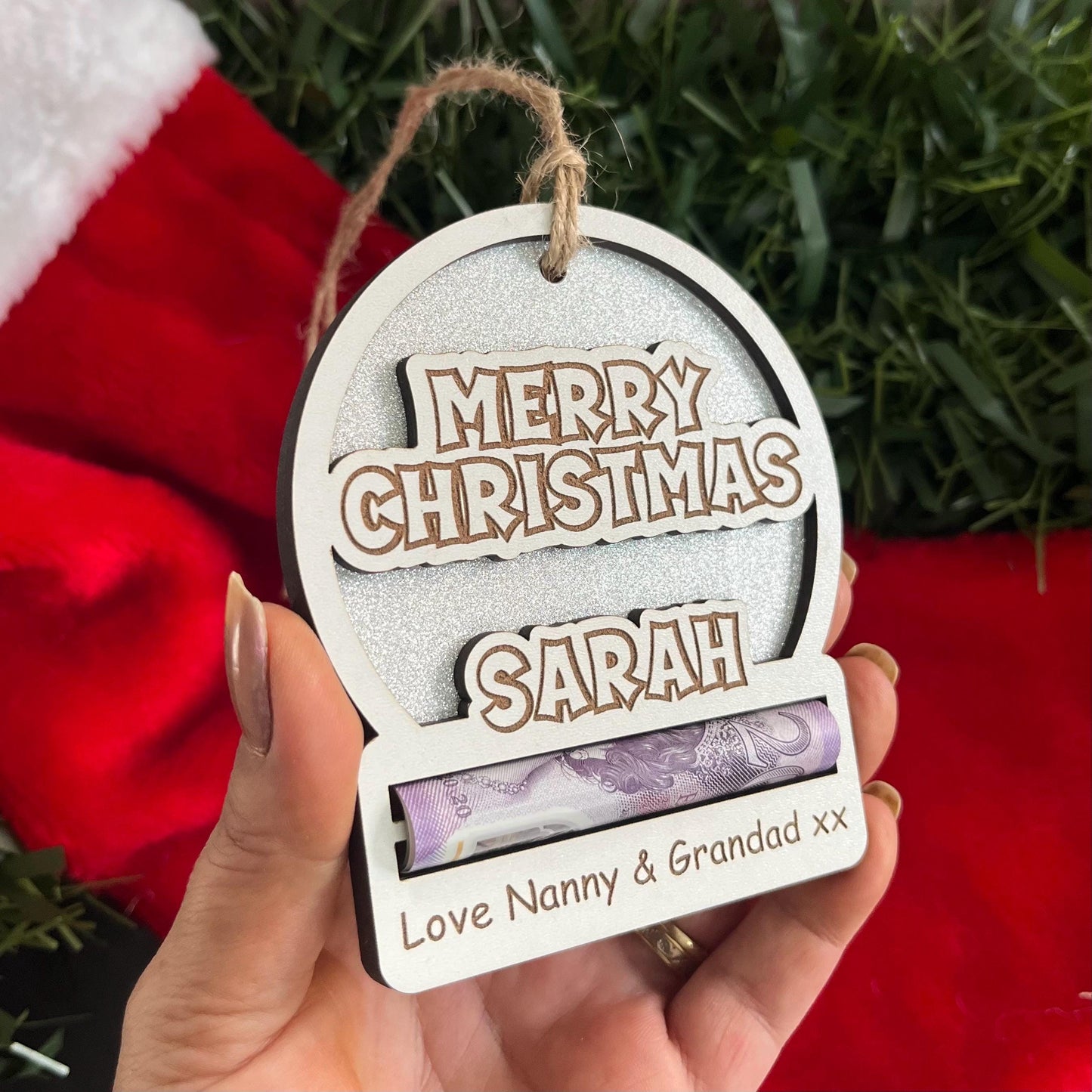 Personalised Merry Christmas Sparkly money holder. Wooden Cash Envelope, Christmas Tree Decoration. Xmas Cash