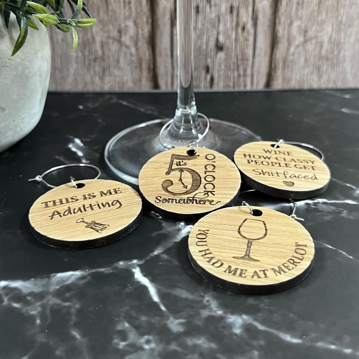 Funny Novelty Oak Wine Glass Charms: Personalised Girls Night Gift Set, Party Glass Tags