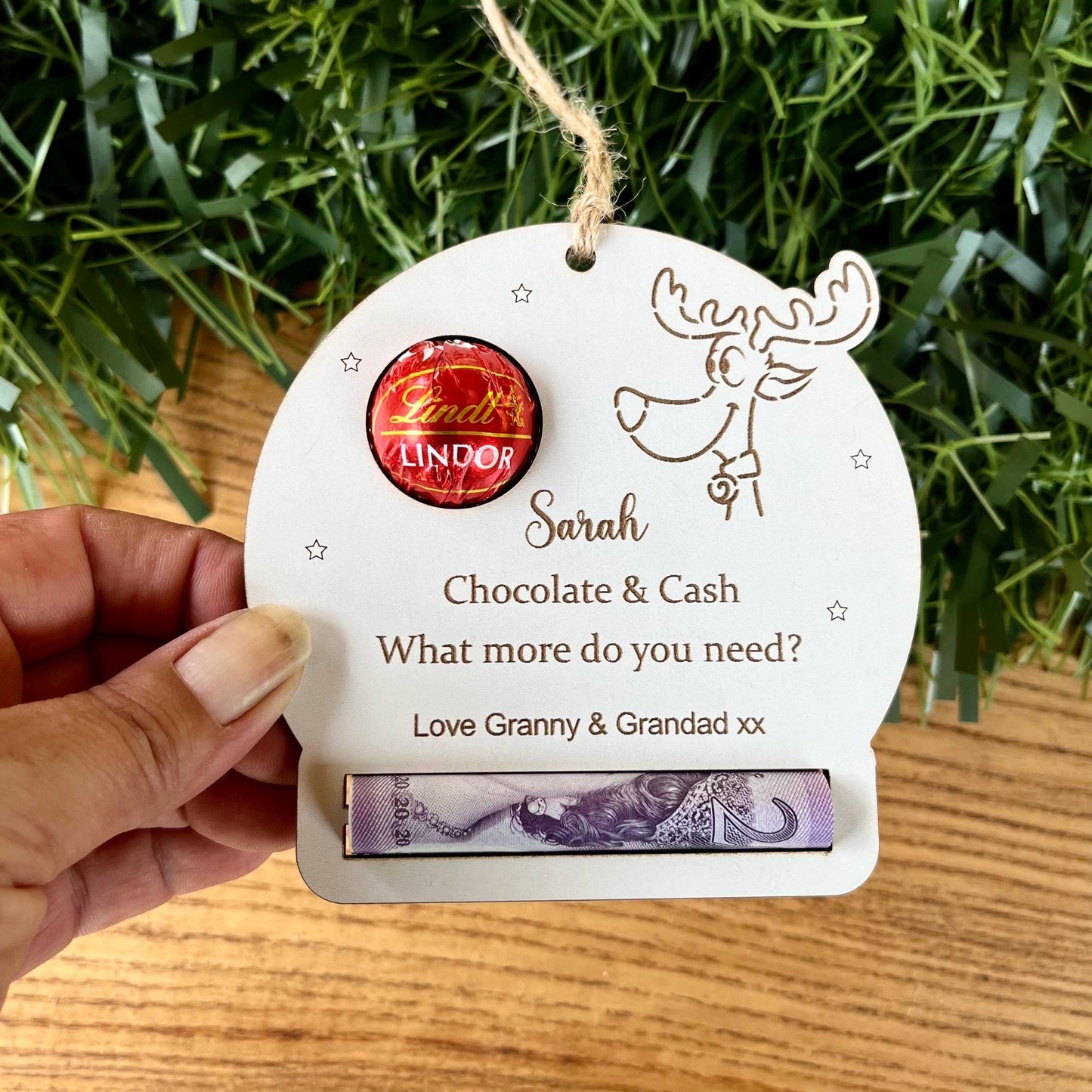 Personalised Reindeer Chocolate & Money Holder: Christmas Tree Decoration, Cash Envelope