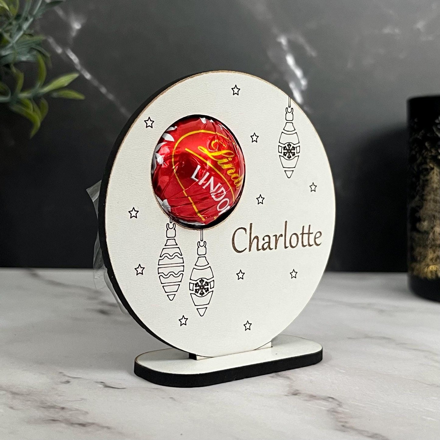 Personalised Christmas Table Place Settings, Chocolate Lindor Holder, Place Card: Laser Engraved Wooden Table Decoration