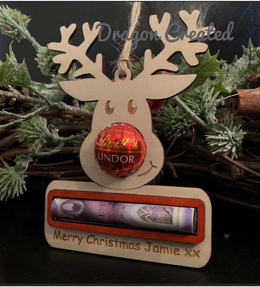Personalised Reindeer Christmas Ornament: Lindor Chocolate & Money Holder, Cash Envelope