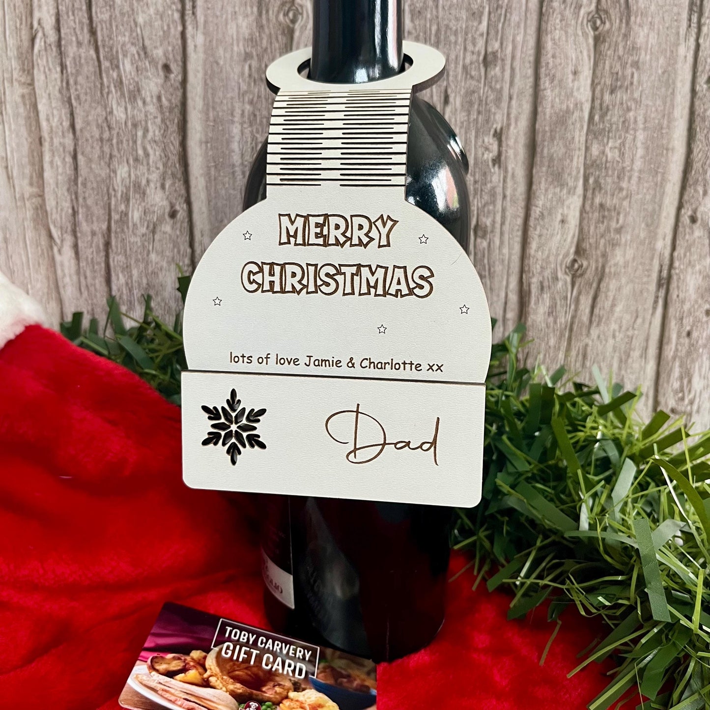 Personalised Christmas Wine Tag, Gift Card Holder: Wooden Wine Bottle Topper