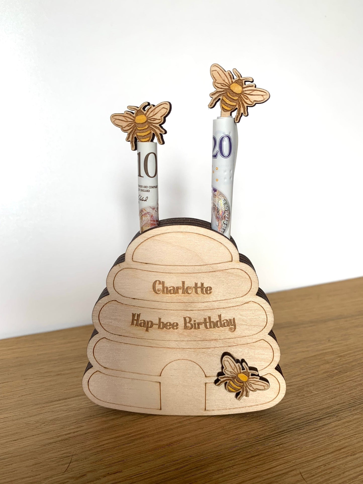 Personalised Wooden Money Holder: Bumblebee Birthday Gift Wallet, Cash Envelope