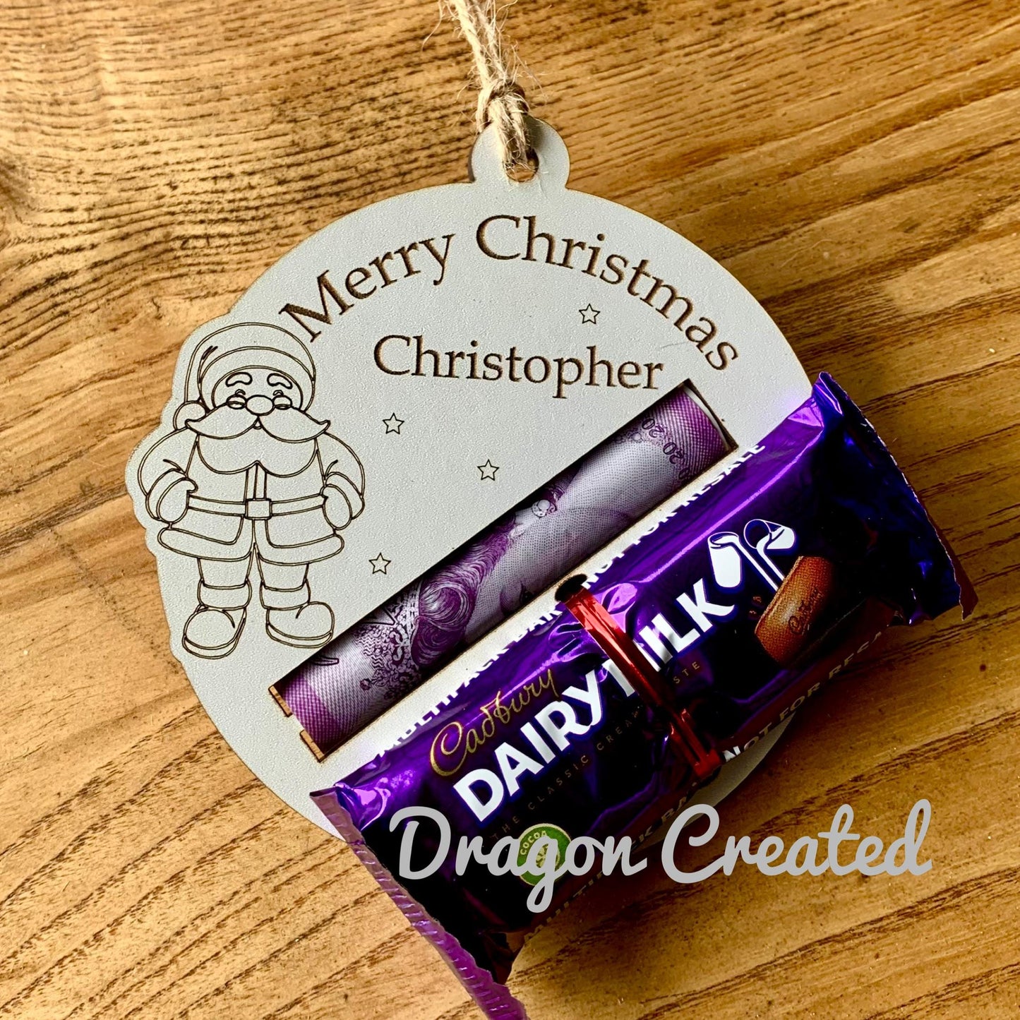 Personalised Christmas Money & Chocolate Holder: Laser Engraved Wooden Bauble