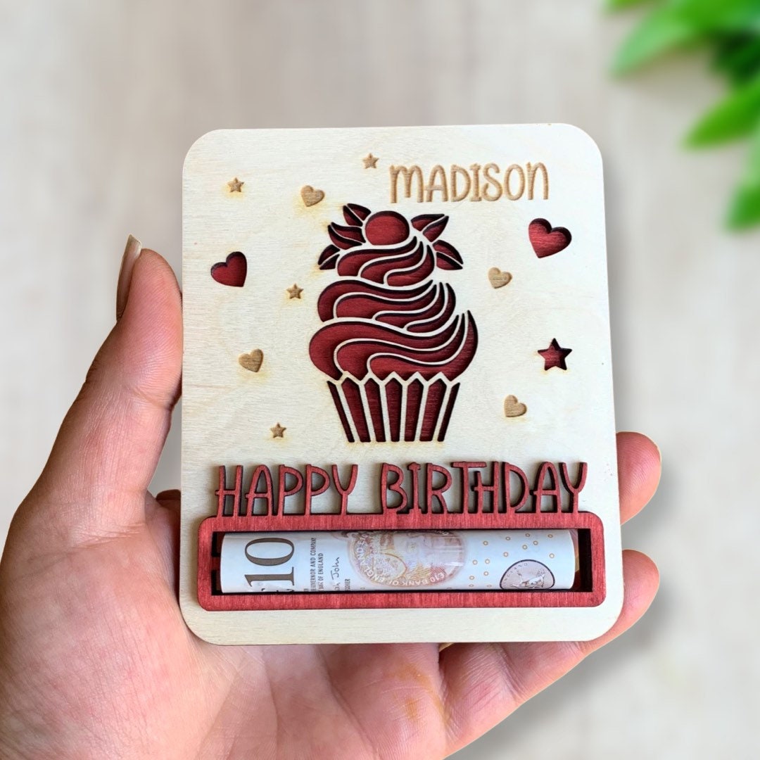 Personalised Birthday Money Holder: Laser Engraved Wooden Gift, Cash Envelope