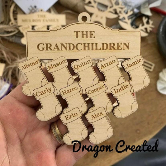 Personalised Grandchildren Family Tree Ornament: Engraved Wooden Christmas Bauble Decoration