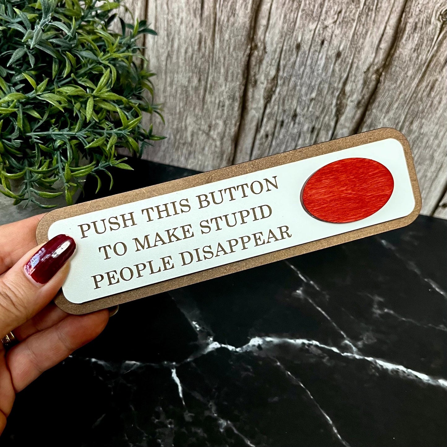 Push This Button To Make Stupid People Disappear, Funny Wooden Desk Sign, Wooden Plaque, Office Joke Gift