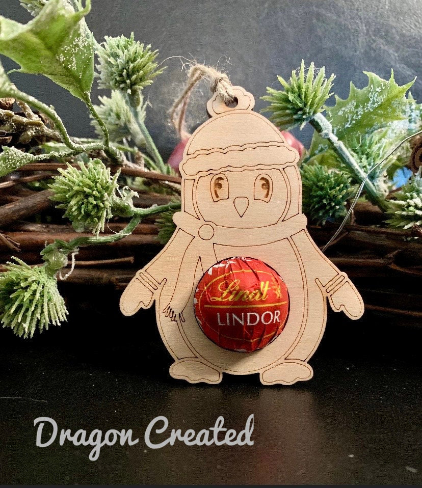 Christmas Penguin Chocolate Bauble: Lindor Chocolate Holder, Wooden Tree Decoration