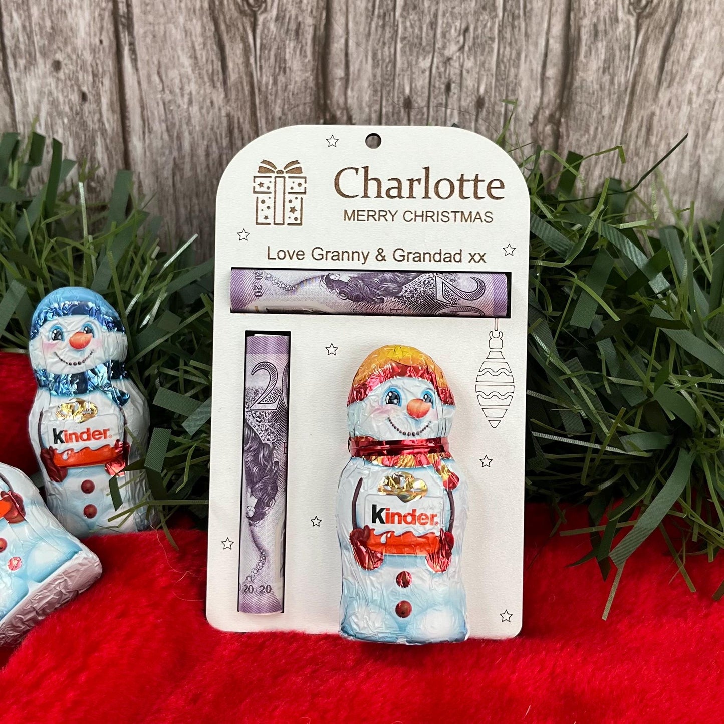 Personalised Christmas Money And Chocolate Kinder Snowman Holder