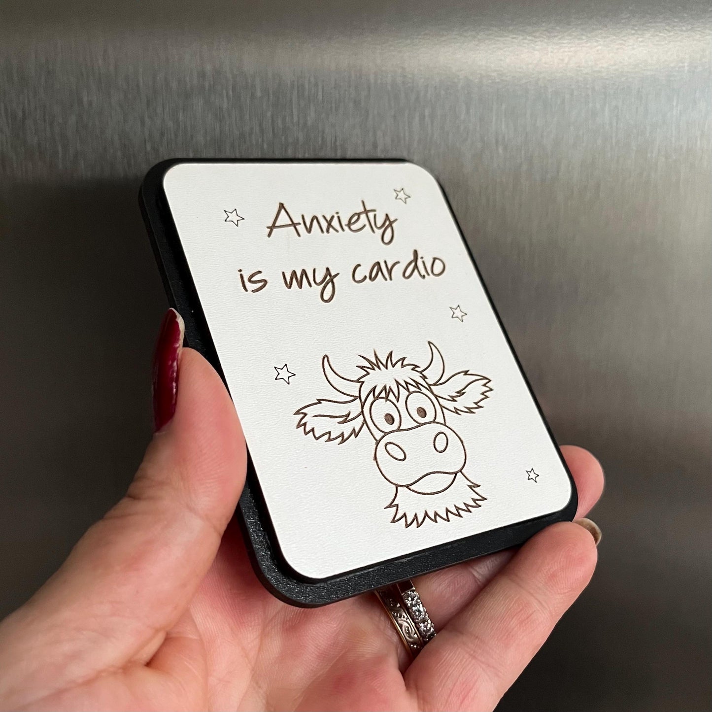 Funny Fridge Magnet: Wood Laser Engraved Quote, Anxiety Is My Cardio, Fun Quote