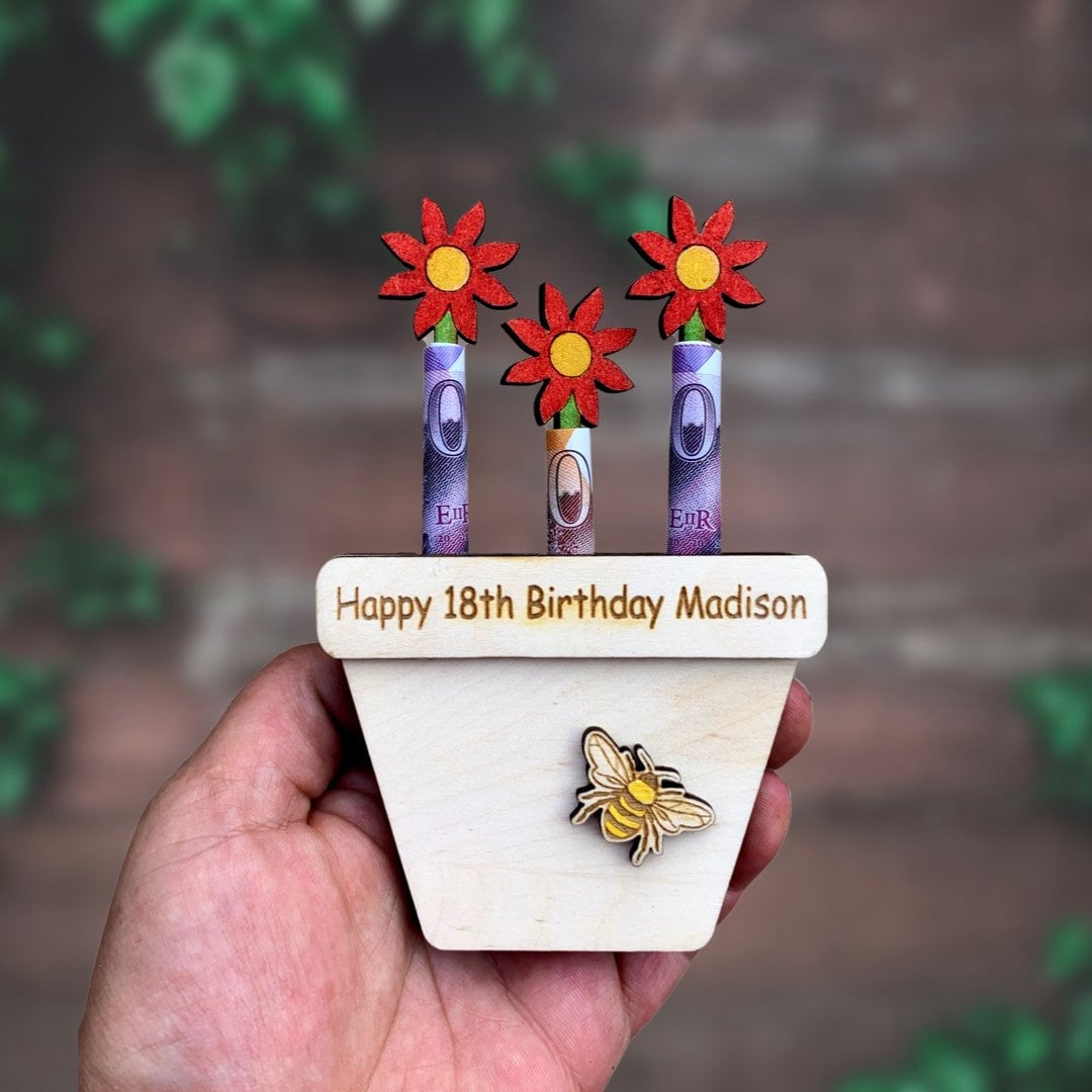 Personalised Birthday Money Holder: Wooden Flower Pot Gift, Cash Envelope