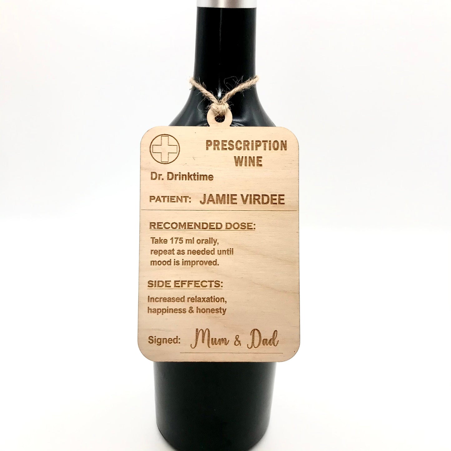 Wooden Personalised Wine Bottle Tag: Novelty Prescription Label, Funny Drink Lover