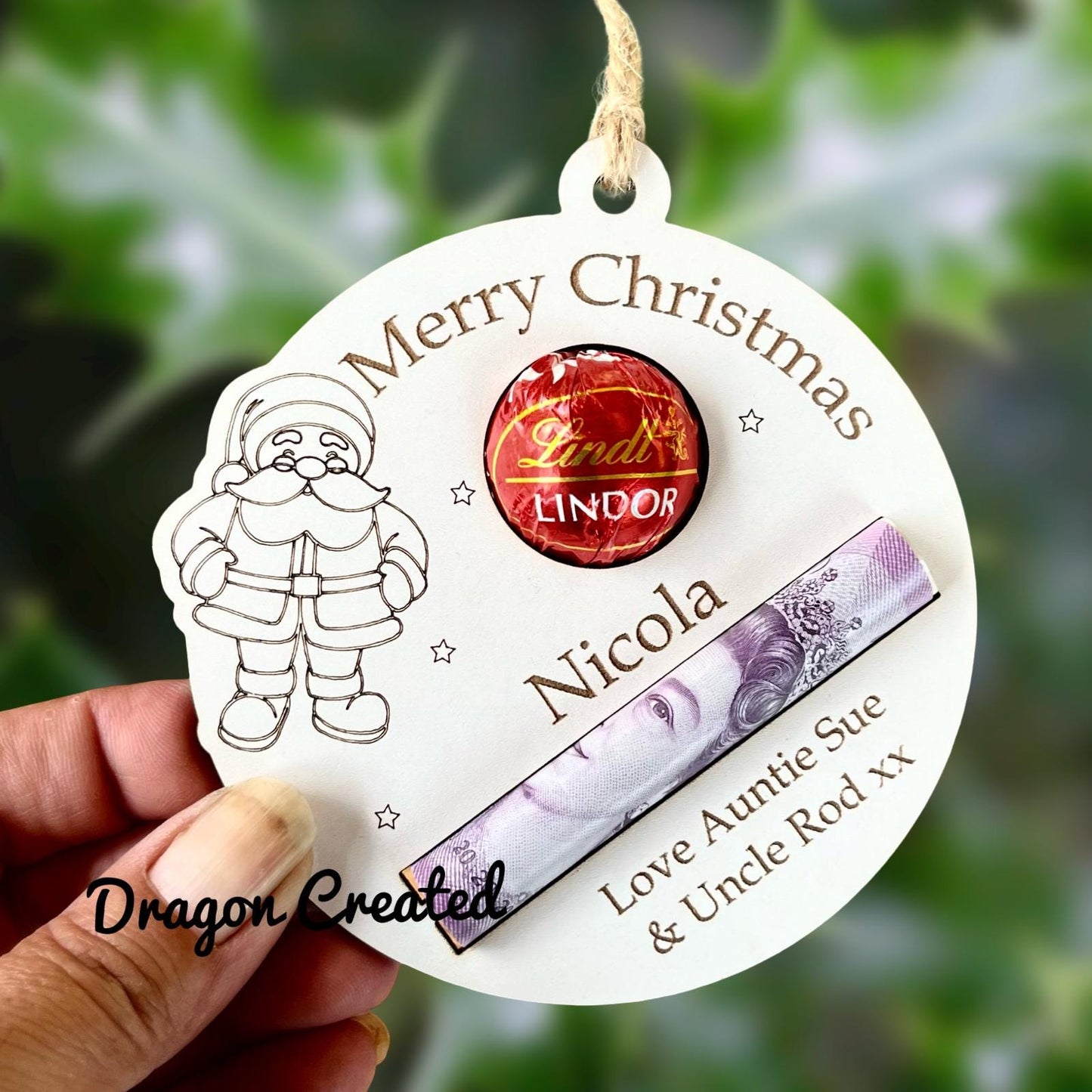 Personalised Christmas Chocolate & Money Holder: Santa Lindor, Engraved Wood, Cash Envelope