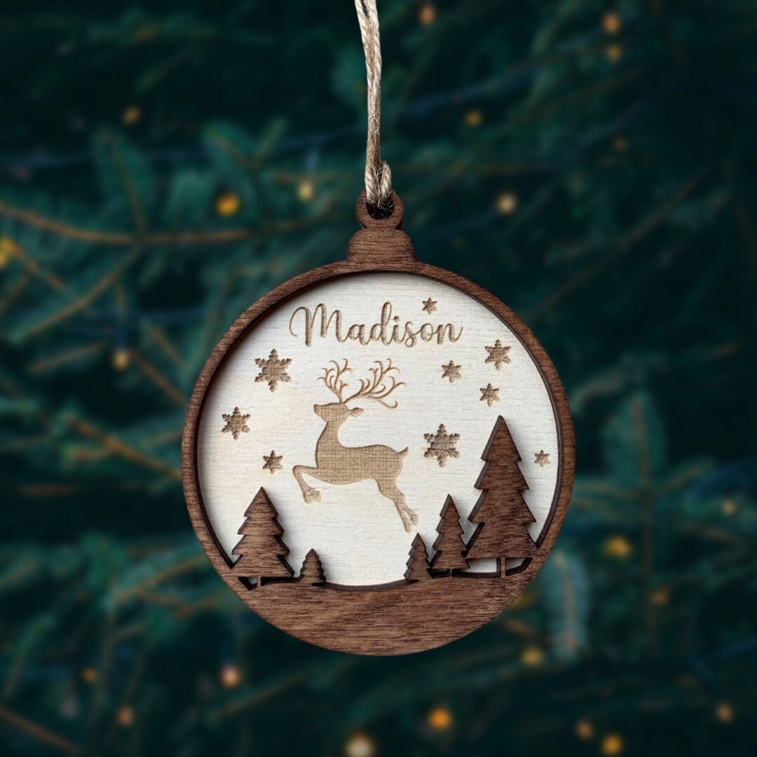 Personalised Wooden Reindeer Christmas Ornament: Engraved Bauble, Tree Decoration