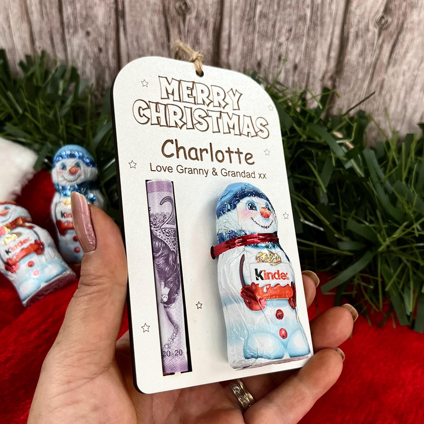 Personalised Christmas Money And Chocolate Holder: Kinder Chocolate Snowman Tree Ornament, Cash Envelope