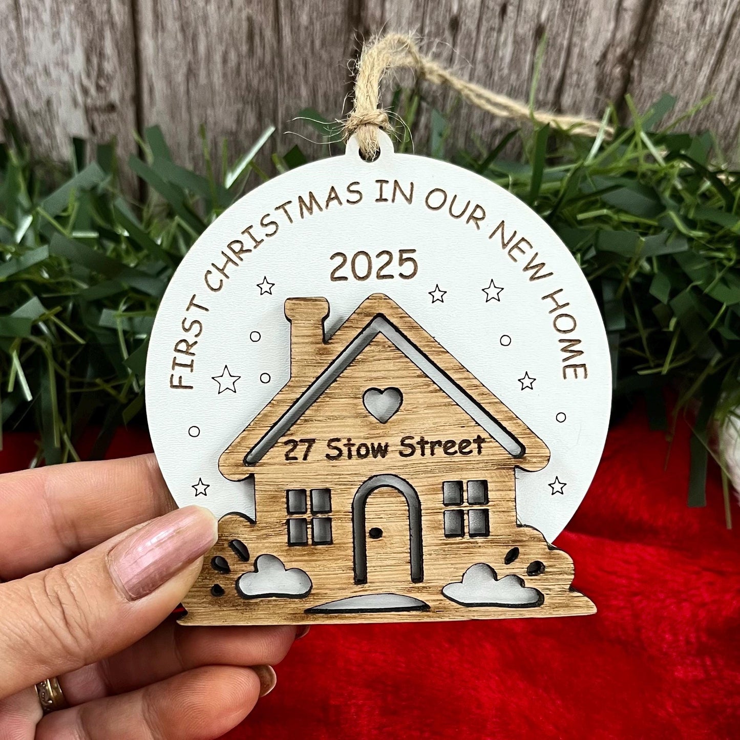 First Christmas In New Home, Christmas Ornament, Personalised Wooden Tree Decoration