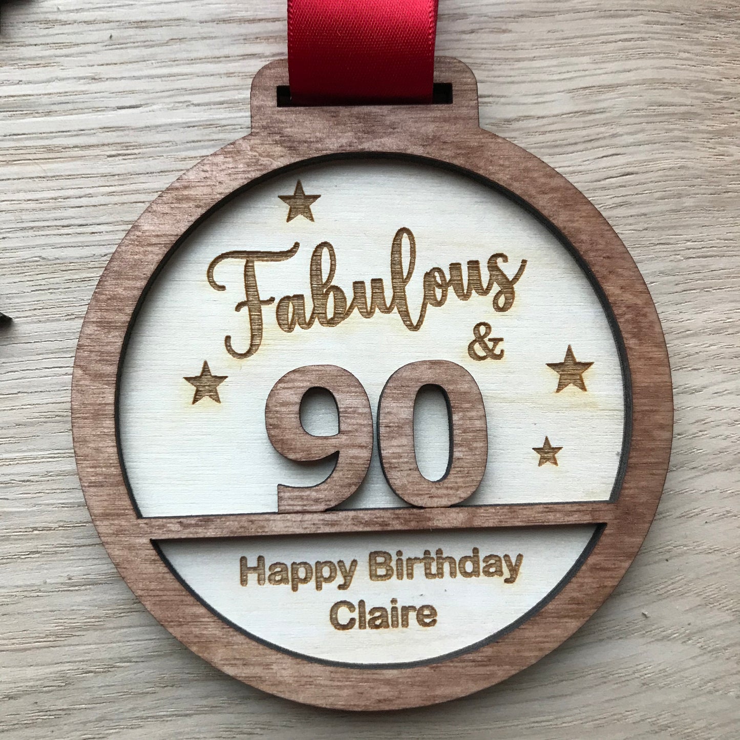 Personalised 90th Birthday Award Medal: Engraved Birch Wood