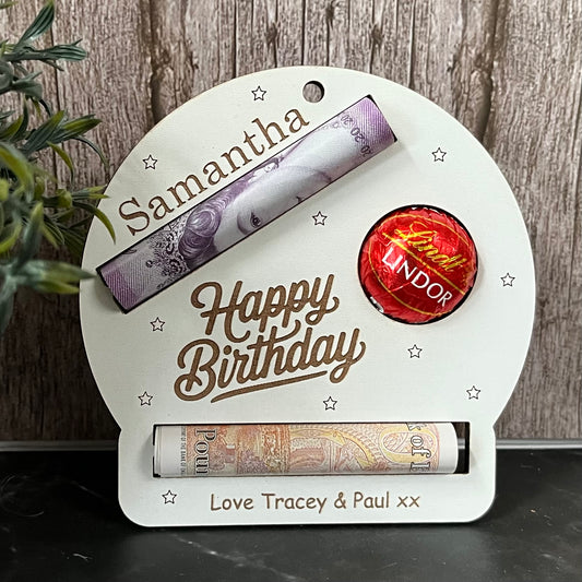 Birthday Money Holder: Lindor Chocolate And Cash Wooden, Money Envelope, Personalised Gift