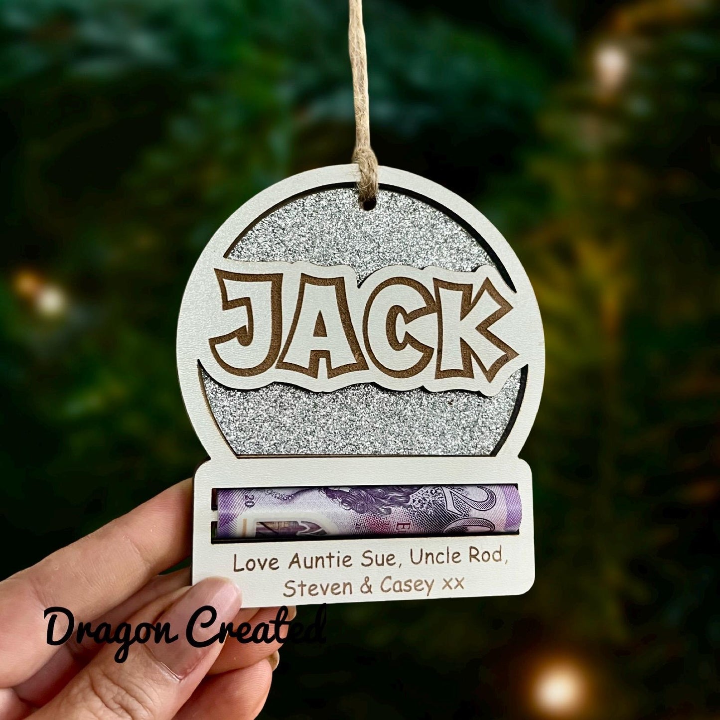 Personalised Christmas Money Holder: Sparkly Wooden Tree Decoration, Cash Envelope