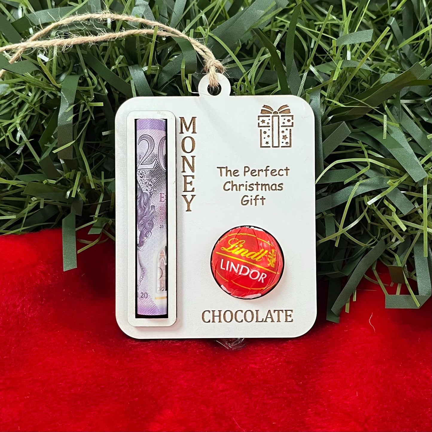 Personalised Christmas Money & Chocolate Holder: Wooden Bauble Ornament, Lindor Cash Envelope