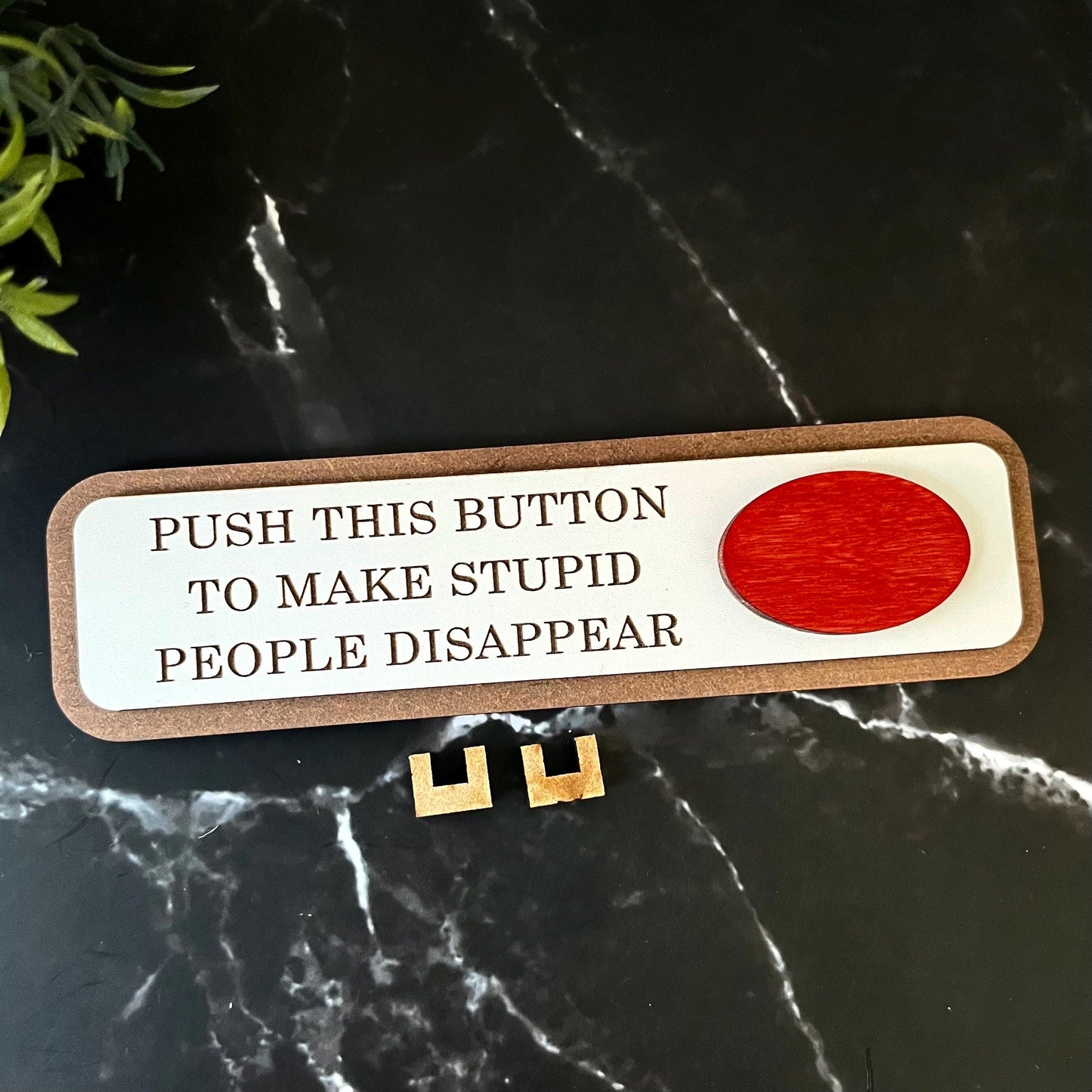 Push This Button To Make Stupid People Disappear, Funny Wooden Desk Sign, Wooden Plaque, Office Joke Gift