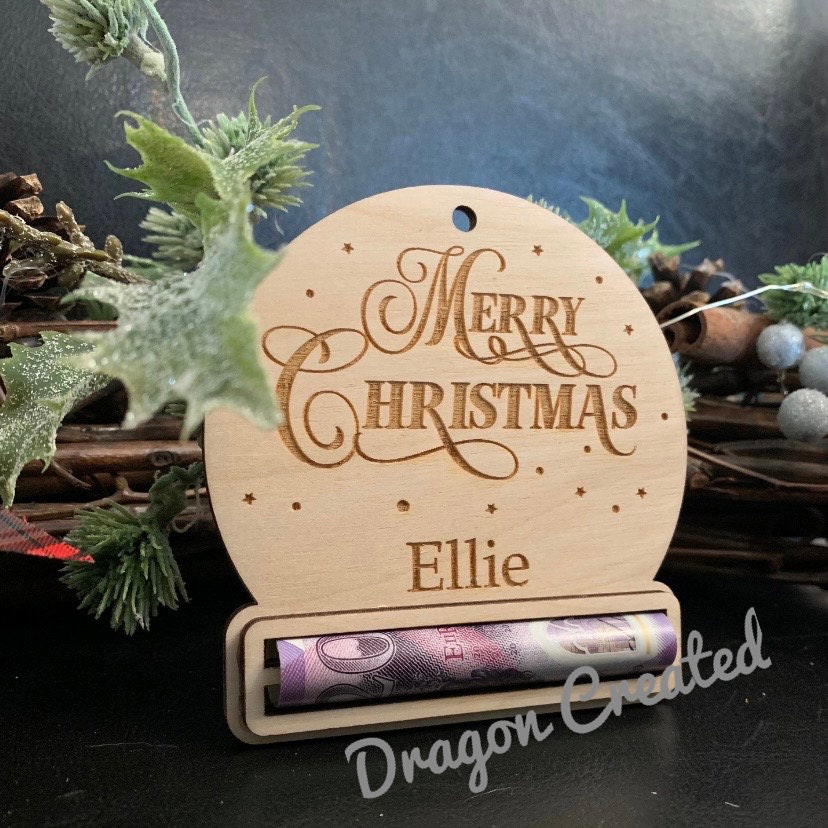 Personalised Wooden Christmas Money Holder Ornament: Engraved Gift Wallet