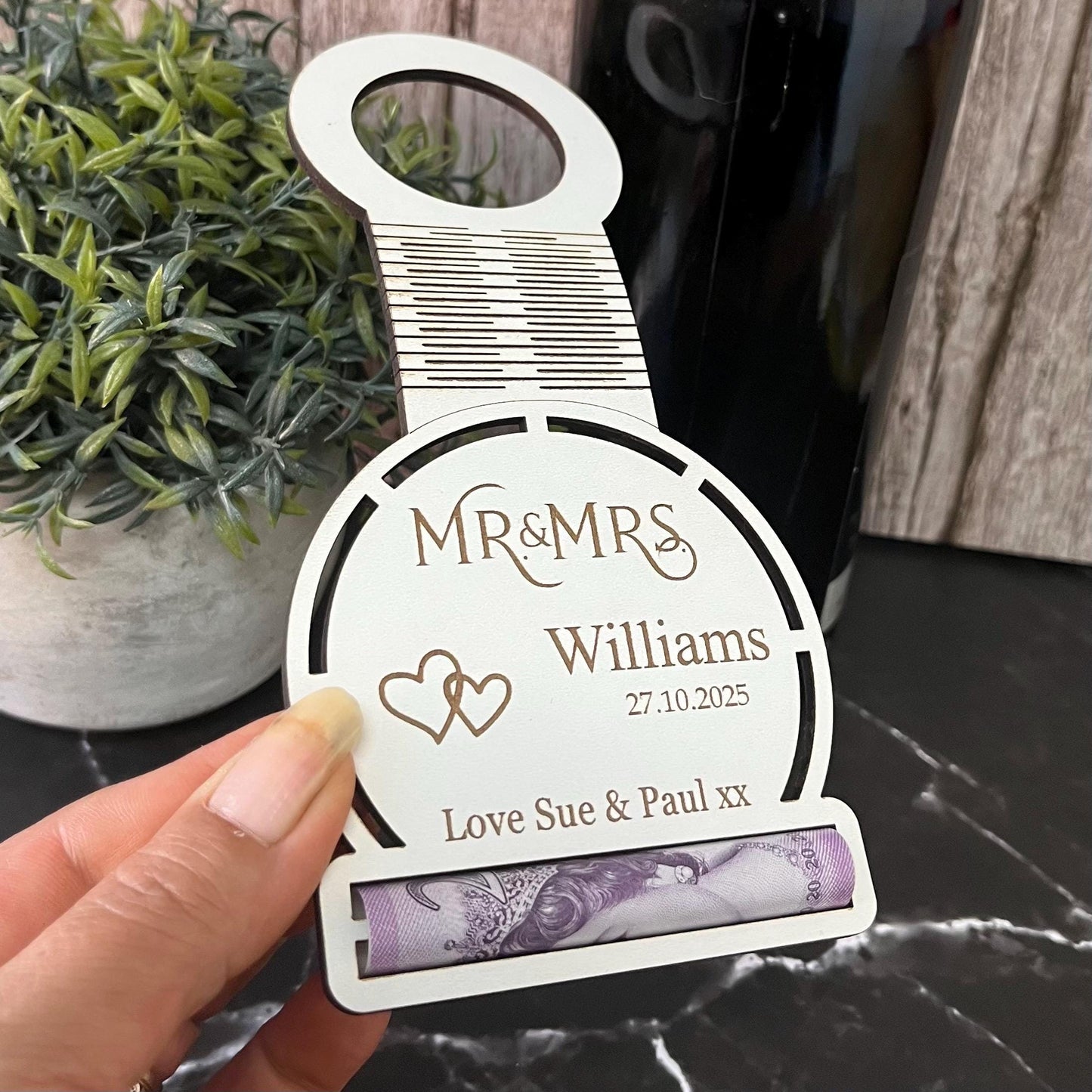 Wedding Mr And Mrs Wine Tag: Gift Money Holder, Cash Holder, Personalised Wine Label