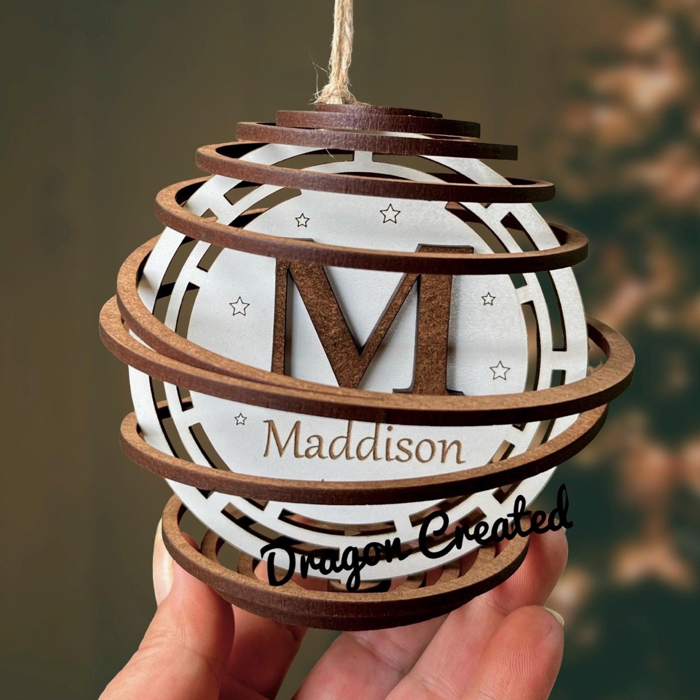 Personalised Initial Bauble: Laser Engraved Wood Ornament, Christmas Decoration, Tree Ornament.