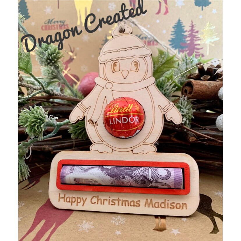 Personalised Penguin Chocolate Money Holder: Engraved Birch Wood Christmas Bauble