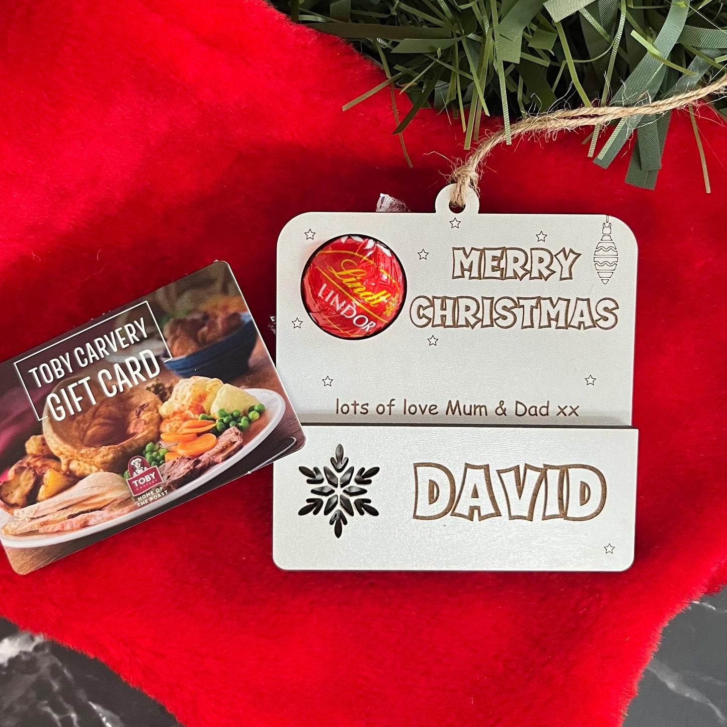 Personalised Christmas Gift Card Holder Ornament: Lindor Chocolate Envelope