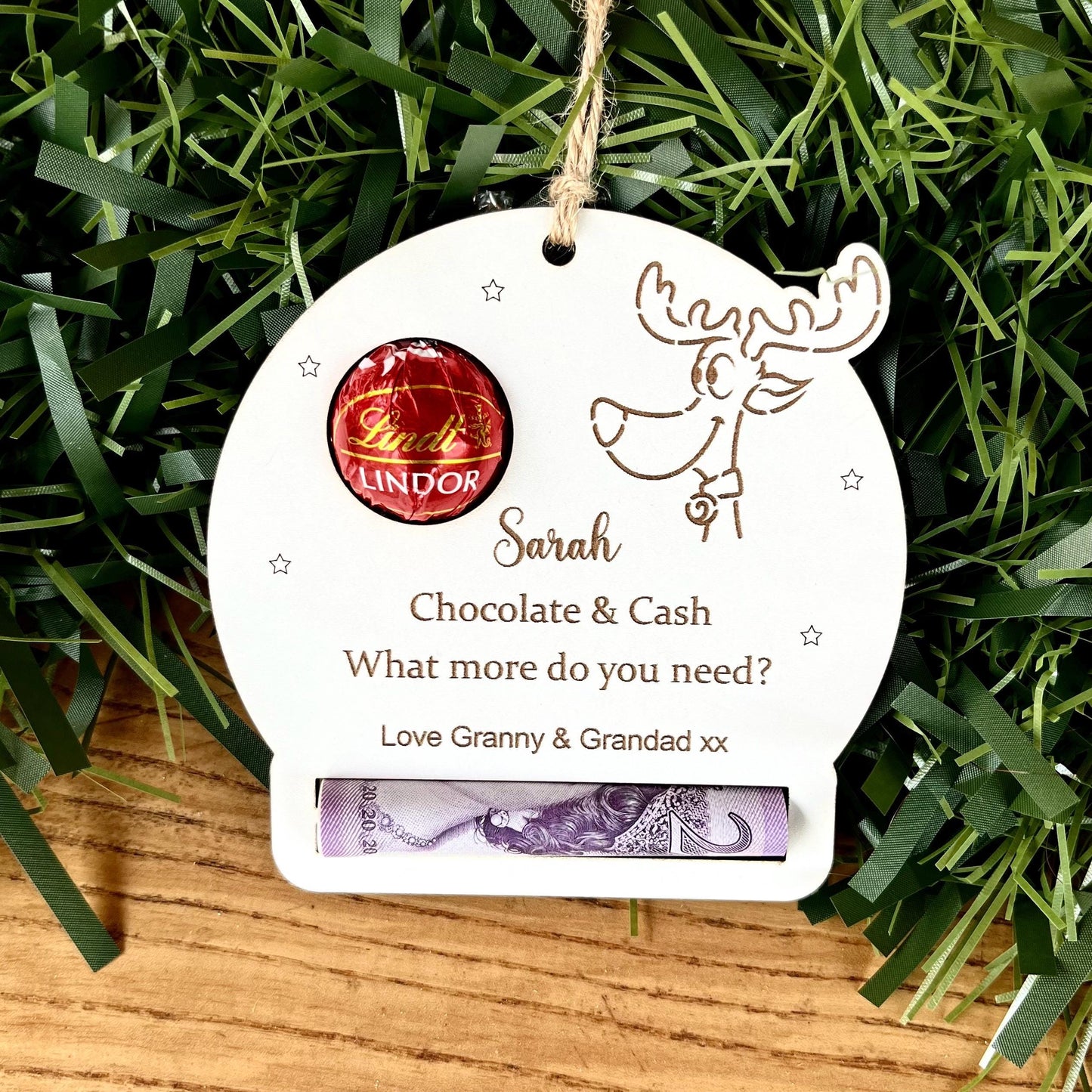 Personalised Reindeer Chocolate & Money Holder: Christmas Tree Decoration, Cash Envelope