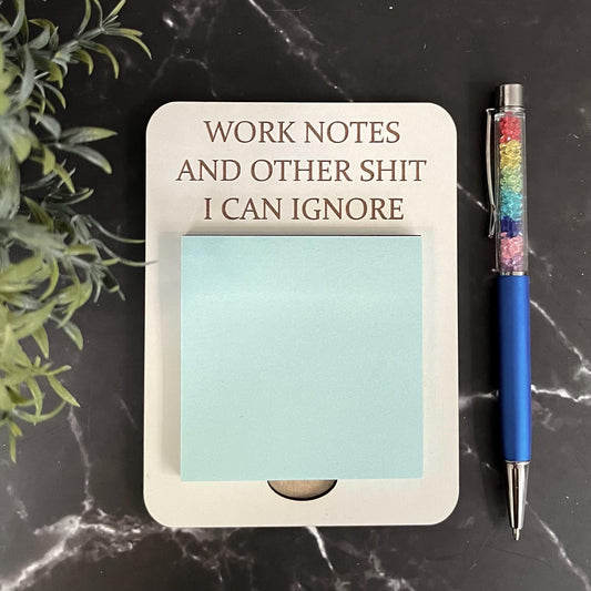 Funny Sarcastic Post-It Note Holder: Engraved Wooden Desk Organizer, Work Notes And Other Shit. Note Pad