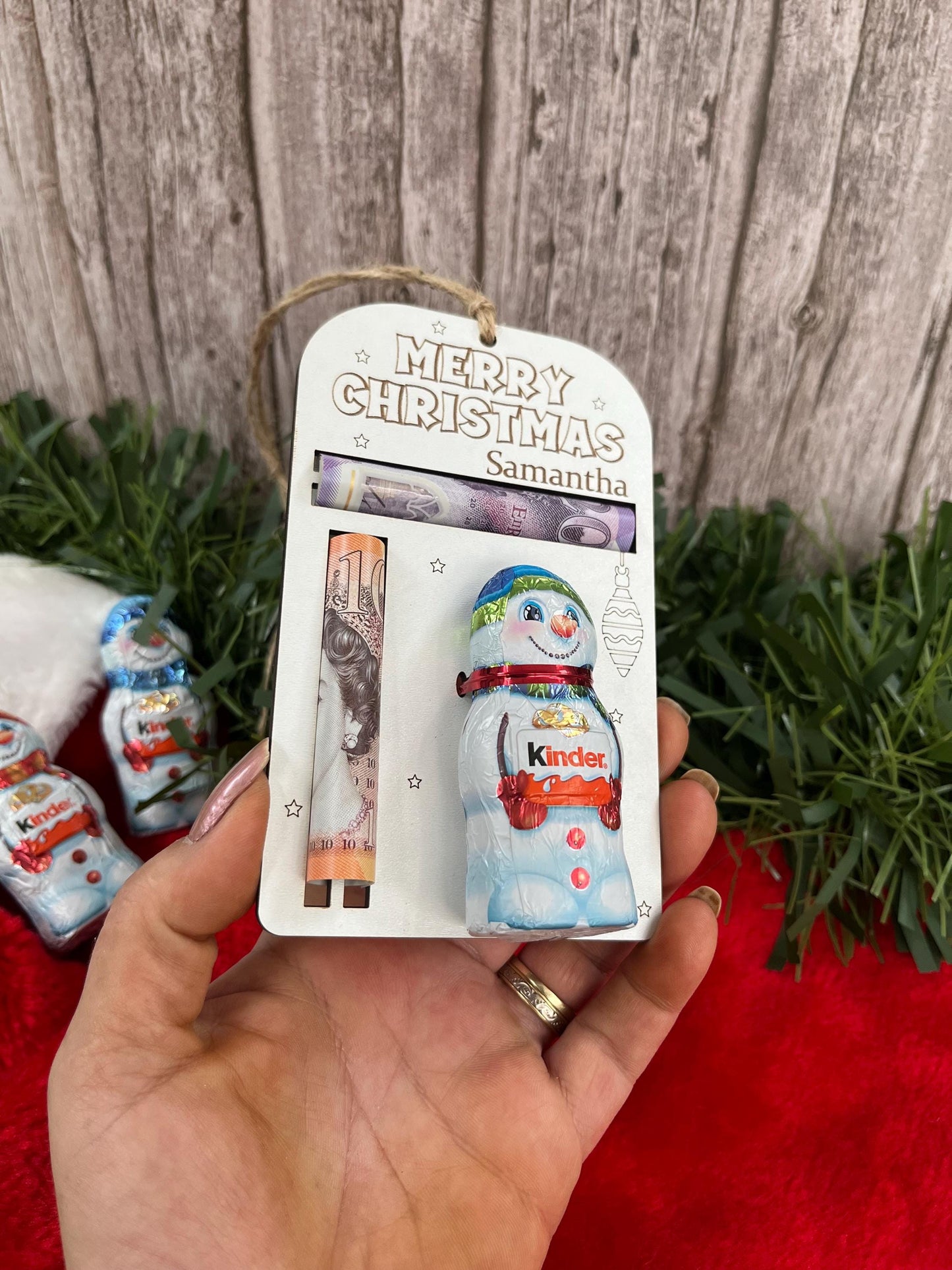 Personalised Christmas Ornament: Money And Kinder Chocolate Snowman Holder, Cash Envelope