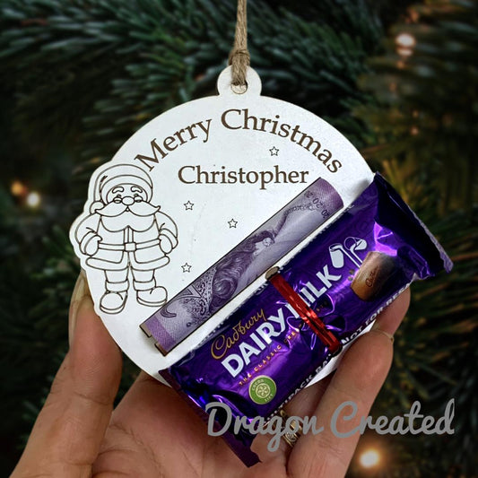 Personalised Christmas Money & Chocolate Holder: Laser Engraved Wooden Bauble